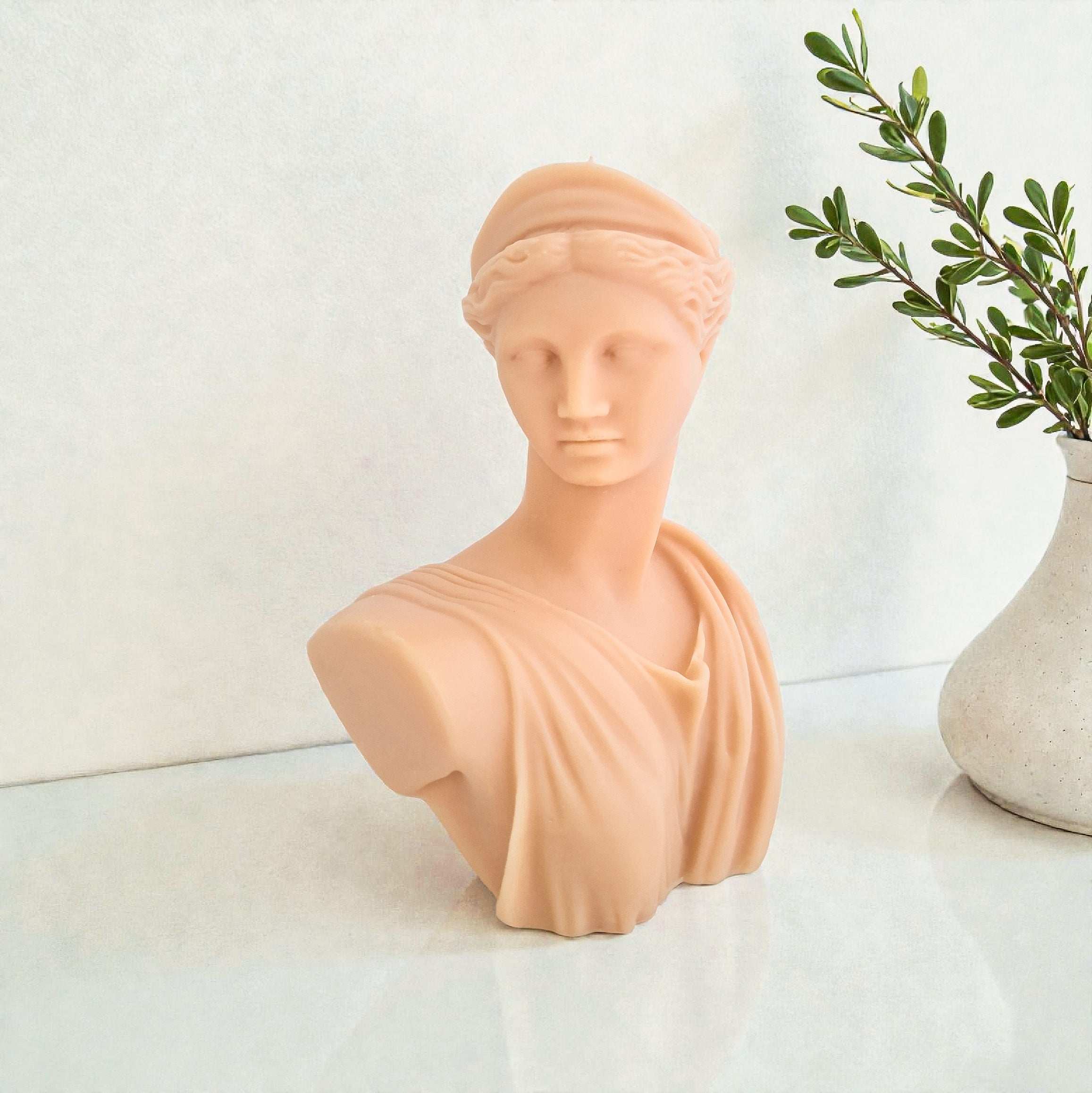 Bust sculpture of a classical figure on a white surface with a plant in the background