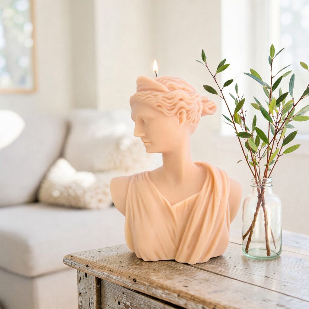 Bust-shaped soy wax candle on a wooden table with a vase of greenery in a blurred indoor setting
