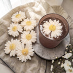 Daisy soy wax candle floating in a glass of water on a textured surface 