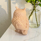 Owl-shaped candle on a marble surface with a vase of plants in the background