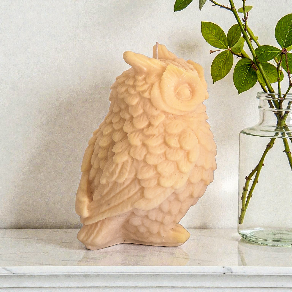 Owl-shaped candle on a surface with a vase of greenery in the background